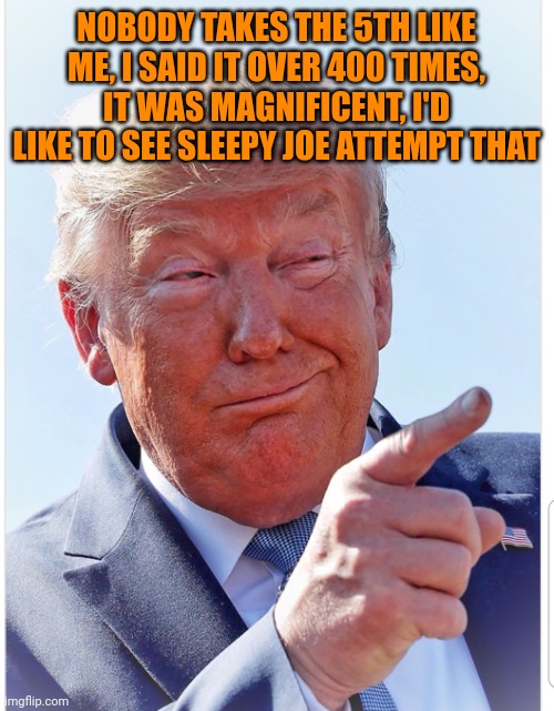 Nuclear don shit his diapers yet again | NOBODY TAKES THE 5TH LIKE ME, I SAID IT OVER 400 TIMES, IT WAS MAGNIFICENT, I'D LIKE TO SEE SLEEPY JOE ATTEMPT THAT | image tagged in trump pointing | made w/ Imgflip meme maker