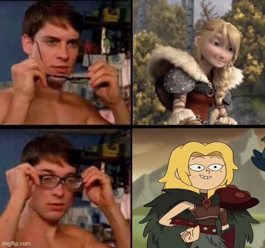 An Astrid and Sasha meme featuring Spider-Man | image tagged in peter parker's glasses,amphibia,how to train your dragon,how to train your dragon 3,spiderman peter parker,tobey maguire | made w/ Imgflip meme maker