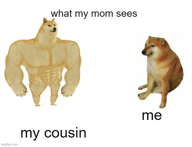 good name real thing | what my mom sees; me; my cousin | image tagged in memes,buff doge vs cheems | made w/ Imgflip meme maker
