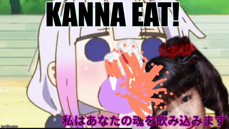 No one us safe from Kanna Kamui! | KANNA EAT! 私はあなたの魂を飲み込みます | image tagged in kanna eating a crab,kanna kamui,eats,babymetal,nom nom nom | made w/ Imgflip meme maker