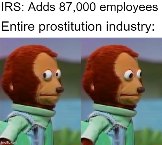 Now let's pull up that OnlyFans account | IRS: Adds 87,000 employees; Entire prostitution industry: | image tagged in puppet monkey looking away | made w/ Imgflip meme maker