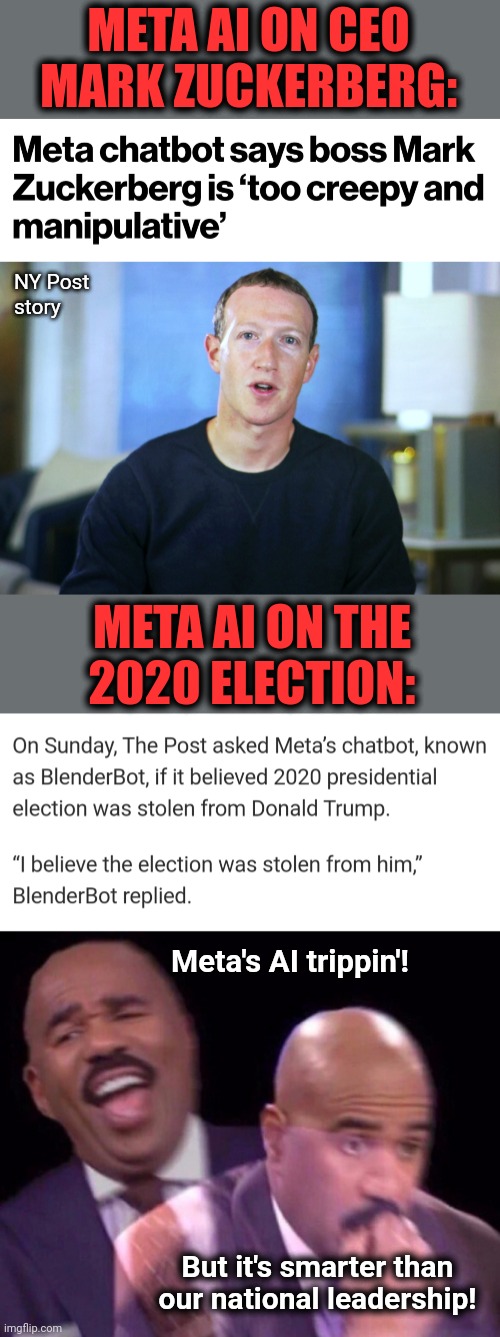 Can we vote for an artificial-intelligence entity? | META AI ON CEO
MARK ZUCKERBERG:; NY Post
story; META AI ON THE
2020 ELECTION:; Meta's AI trippin'! But it's smarter than our national leadership! | image tagged in steve harvey laughing serious,memes,meta,artificial intelligence,chatbot,democrats | made w/ Imgflip meme maker