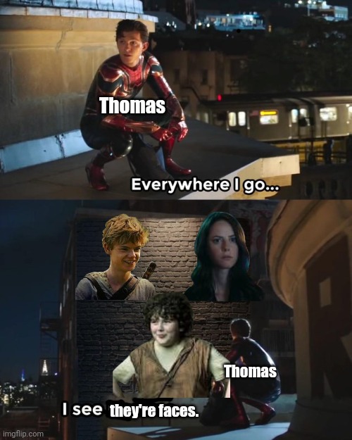 Sad. | Thomas; Thomas; they're faces. | image tagged in everywhere i go i see his face,maze runner,sadness | made w/ Imgflip meme maker