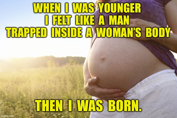 When I was young | WHEN  I  WAS  YOUNGER  I  FELT  LIKE  A  MAN  TRAPPED  INSIDE  A  WOMAN’S  BODY; THEN  I  WAS  BORN. | image tagged in pregnant woman,when i was young,man trapped,i was born,womans body | made w/ Imgflip meme maker