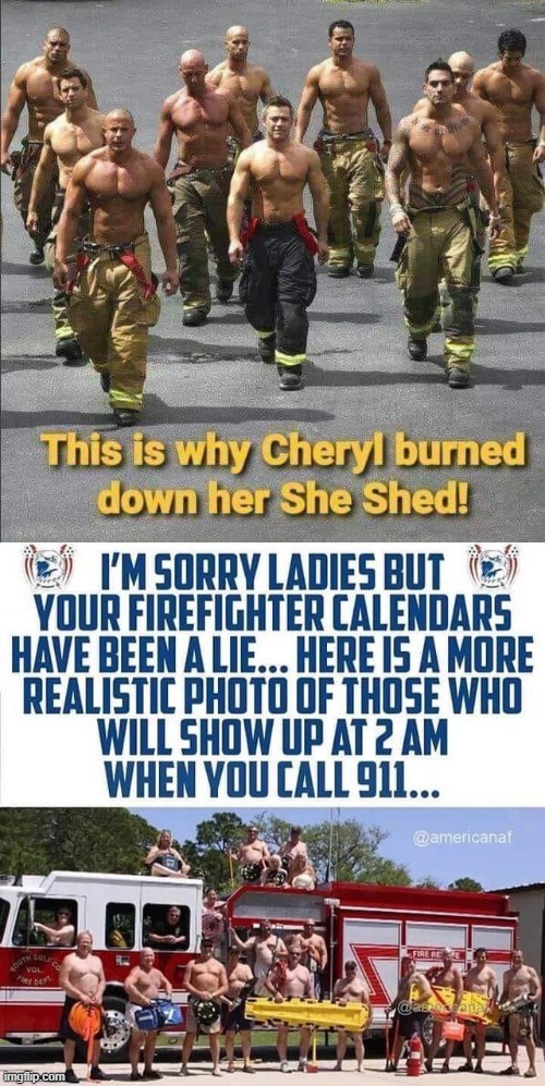 Fantasy Firemen VS Real Firemen | image tagged in firemen,sheshed | made w/ Imgflip meme maker