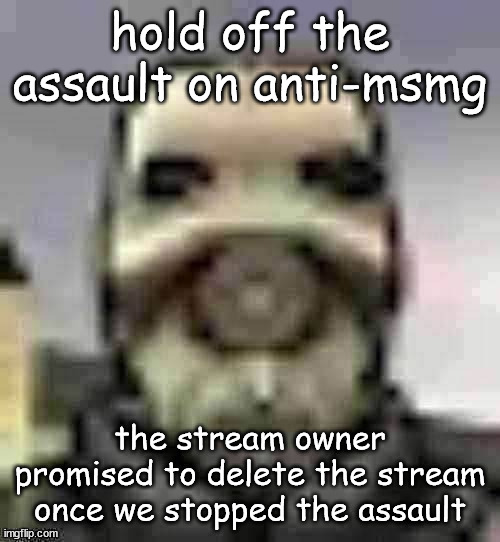 peak content | hold off the assault on anti-msmg; the stream owner promised to delete the stream once we stopped the assault | image tagged in peak content | made w/ Imgflip meme maker