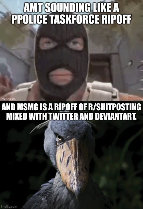 AND MSMG IS A RIPOFF OF R/SHITPOSTING MIXED WITH TWITTER AND DEVIANTART. | image tagged in shoebill | made w/ Imgflip meme maker