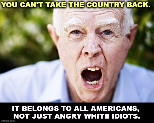 YOU CAN'T TAKE THE COUNTRY BACK. IT BELONGS TO ALL AMERICANS, 
NOT JUST ANGRY WHITE IDIOTS. | image tagged in angry,white,idiots,take,country,back | made w/ Imgflip meme maker