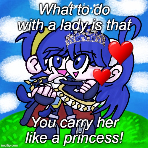 Carry da Lady like a princess | What to do with a lady is that; You carry her like a princess! | image tagged in marth,fire emblem,under night in-birth,princess carry,cute,couple | made w/ Imgflip meme maker