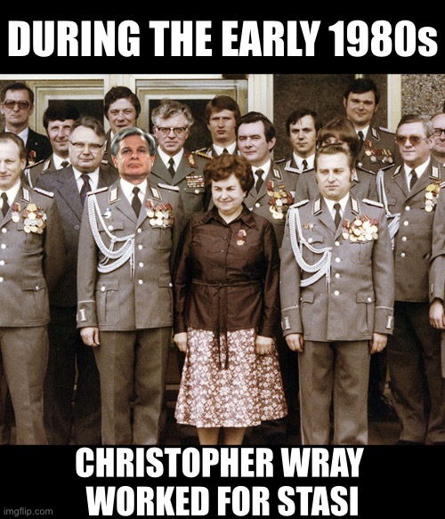 Christopher Wray has worked for Stasi, too. | DURING THE EARLY 1980s; CHRISTOPHER WRAY 
WORKED FOR STASI | image tagged in fbi,why is the fbi here,fbi open up,fbi investigation,fbi door breach,fbi swat | made w/ Imgflip meme maker