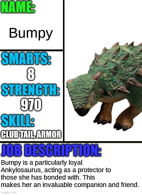 Bumpy the Ankylosaurus | Bumpy; 8; 970; CLUB TAIL, ARMOR; Bumpy is a particularly loyal Ankylosaurus, acting as a protector to those she has bonded with. This makes her an invaluable companion and friend. | image tagged in antiboss-heroes template,jurassic park,jurassic world,dinosaur | made w/ Imgflip meme maker