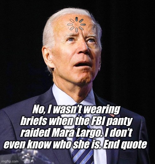No briefs | No, I wasn’t wearing briefs when the FBI panty raided Mara Largo. I don’t even know who she is. End quote | image tagged in joe biden,politics lol,memes | made w/ Imgflip meme maker