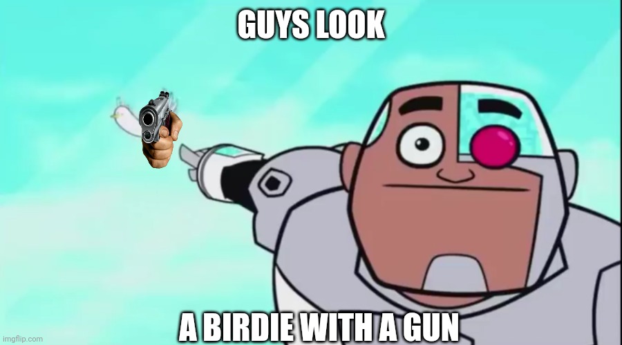 Guys look... | GUYS LOOK; A BIRDIE WITH A GUN | image tagged in guys look a birdie | made w/ Imgflip meme maker