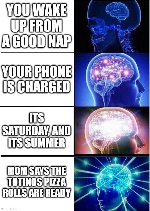 Perfection | YOU WAKE UP FROM A GOOD NAP; YOUR PHONE IS CHARGED; ITS SATURDAY, AND ITS SUMMER; MOM SAYS THE TOTINOS PIZZA ROLLS ARE READY | image tagged in memes,expanding brain,thanos perfectly balanced as all things should be,funny | made w/ Imgflip meme maker
