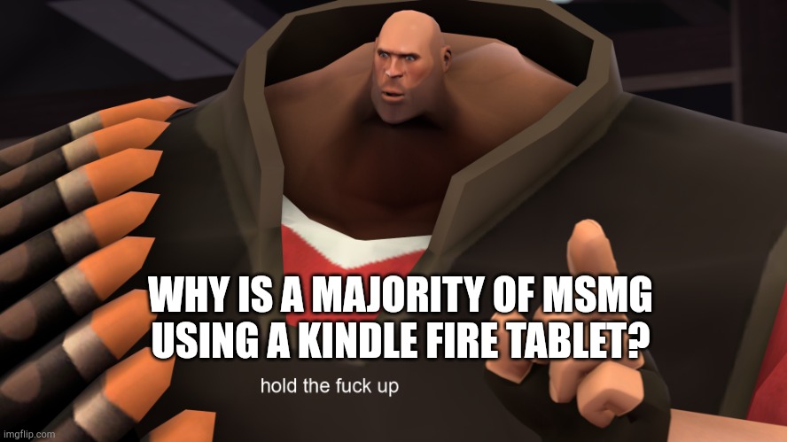 Heavy Hold up | WHY IS A MAJORITY OF MSMG USING A KINDLE FIRE TABLET? | image tagged in heavy hold up | made w/ Imgflip meme maker