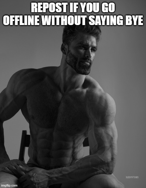 Giga Chad | REPOST IF YOU GO OFFLINE WITHOUT SAYING BYE | image tagged in giga chad | made w/ Imgflip meme maker