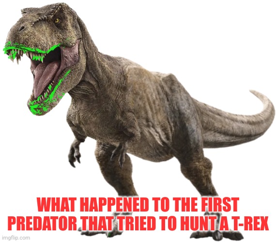 And the reason Predators never hunted on Earth before the K-T boundary is now explained | WHAT HAPPENED TO THE FIRST PREDATOR THAT TRIED TO HUNT A T-REX | image tagged in rexy 2,predator,hunting,epic fail,oh well,dinosaurs | made w/ Imgflip meme maker