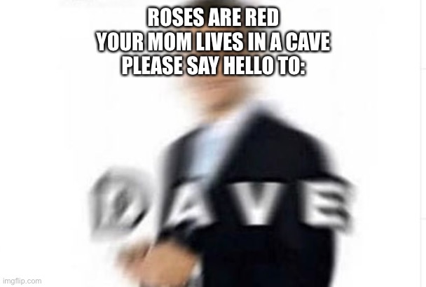 dave | ROSES ARE RED
YOUR MOM LIVES IN A CAVE
PLEASE SAY HELLO TO: | image tagged in dave | made w/ Imgflip meme maker