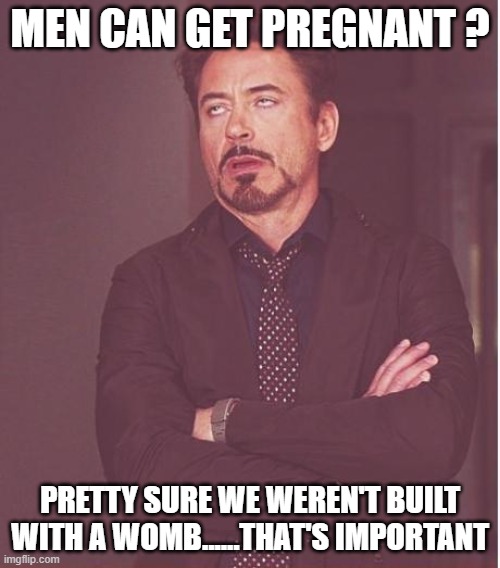 Face You Make Robert Downey Jr | MEN CAN GET PREGNANT ? PRETTY SURE WE WEREN'T BUILT WITH A WOMB......THAT'S IMPORTANT | image tagged in memes,face you make robert downey jr | made w/ Imgflip meme maker