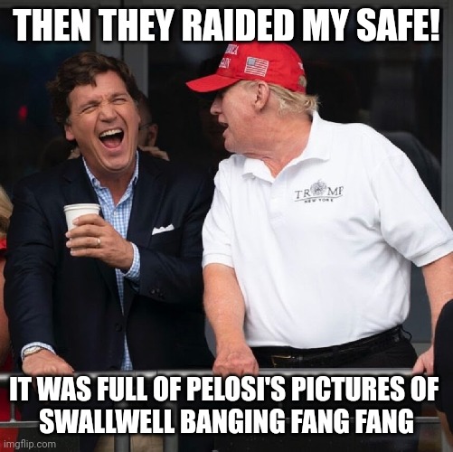 Swallwell Fang Fang | THEN THEY RAIDED MY SAFE! IT WAS FULL OF PELOSI'S PICTURES OF 
SWALLWELL BANGING FANG FANG | image tagged in tucker carlson | made w/ Imgflip meme maker