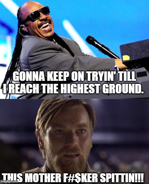 GONNA KEEP ON TRYIN' TILL I REACH THE HIGHEST GROUND. THIS MOTHER F#$KER SPITTIN!!! | image tagged in stevie wonder | made w/ Imgflip meme maker