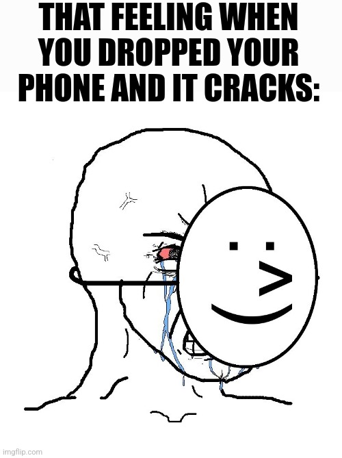 This happened to me today :'( | THAT FEELING WHEN YOU DROPPED YOUR PHONE AND IT CRACKS: | image tagged in pretending to be happy hiding crying behind a mask,memes,relatable,oh wow are you actually reading these tags | made w/ Imgflip meme maker