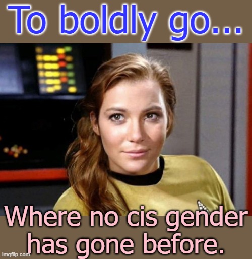 May the fluid be with you. | To boldly go... Where no cis gender
has gone before. | image tagged in female captain kirk,parody,science fiction,star trek,switch,star wars | made w/ Imgflip meme maker