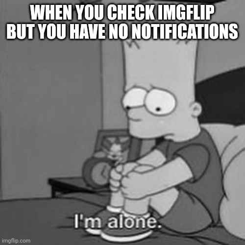 I’m alone | WHEN YOU CHECK IMGFLIP BUT YOU HAVE NO NOTIFICATIONS | image tagged in i m alone | made w/ Imgflip meme maker
