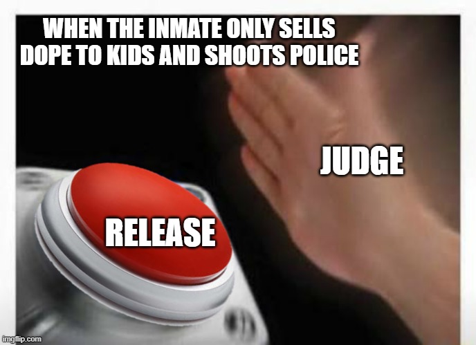 Red Button Hand | WHEN THE INMATE ONLY SELLS DOPE TO KIDS AND SHOOTS POLICE; JUDGE; RELEASE | image tagged in red button hand | made w/ Imgflip meme maker