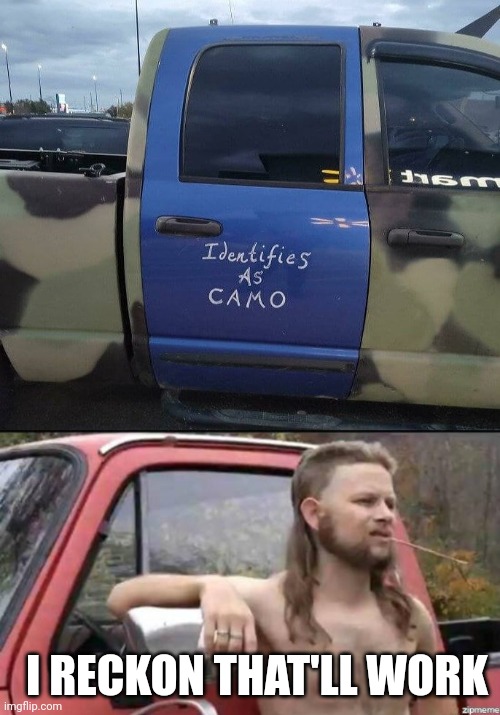 CAMO |  I RECKON THAT'LL WORK | image tagged in almost politically correct redneck,truck,cars | made w/ Imgflip meme maker