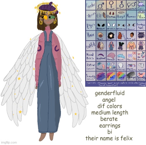 another oc generator attempt |  genderfluid
angel 
dif colors
medium length
berate 
earrings
bi
their name is felix | image tagged in drawing,people | made w/ Imgflip meme maker