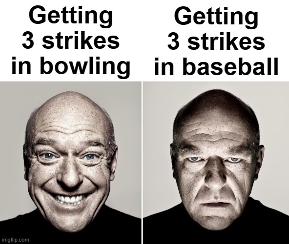 Title goes here | Getting 3 strikes in bowling; Getting 3 strikes in baseball | image tagged in dean norris reaction,sports | made w/ Imgflip meme maker