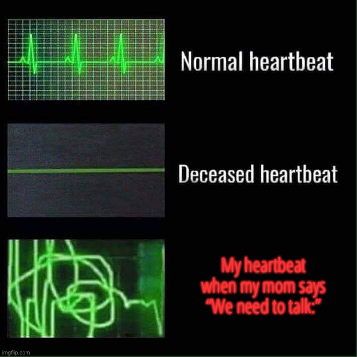R e l a t e a b l e ? |  My heartbeat when my mom says “We need to talk:” | image tagged in heart beat meme,relateable,lol,funni,memes,among us | made w/ Imgflip meme maker