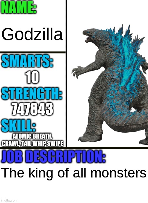 Godzilla | Godzilla; 10; 747843; ATOMIC BREATH, CRAWL, TAIL WHIP, SWIPE; The king of all monsters | image tagged in antiboss-heroes template,godzilla,kaiju,godzilla vs kong | made w/ Imgflip meme maker