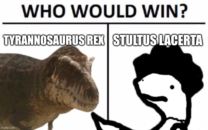 Dino Fight | TYRANNOSAURUS REX; STULTUS LACERTA | image tagged in who would win,t rex,dinosaur | made w/ Imgflip meme maker