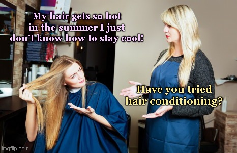 Bad hairstylist advice | My hair gets so hot in the summer I just don't know how to stay cool! Have you tried hair conditioning? | image tagged in bad hairstylist advice,hair,summer,heat,pun,joke | made w/ Imgflip meme maker