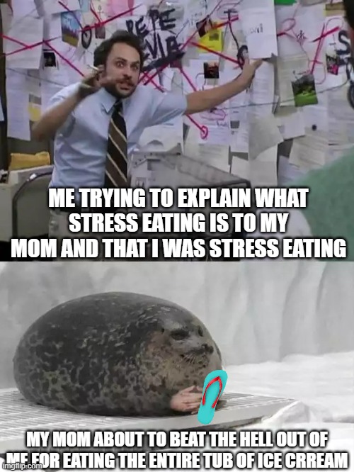 Man explaining to seal | ME TRYING TO EXPLAIN WHAT STRESS EATING IS TO MY MOM AND THAT I WAS STRESS EATING; MY MOM ABOUT TO BEAT THE HELL OUT OF ME FOR EATING THE ENTIRE TUB OF ICE CRREAM | image tagged in man explaining to seal | made w/ Imgflip meme maker
