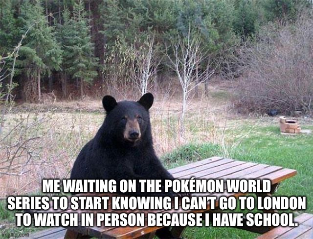 I am a competitive battling freak and I have been waiting for two years to watch a World Series | ME WAITING ON THE POKÉMON WORLD SERIES TO START KNOWING I CAN’T GO TO LONDON TO WATCH IN PERSON BECAUSE I HAVE SCHOOL. | image tagged in waiting bear | made w/ Imgflip meme maker