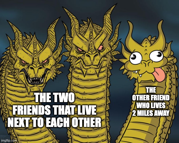 the 3 friends in the group | THE OTHER FRIEND WHO LIVES 2 MILES AWAY; THE TWO FRIENDS THAT LIVE NEXT TO EACH OTHER | image tagged in three-headed dragon | made w/ Imgflip meme maker