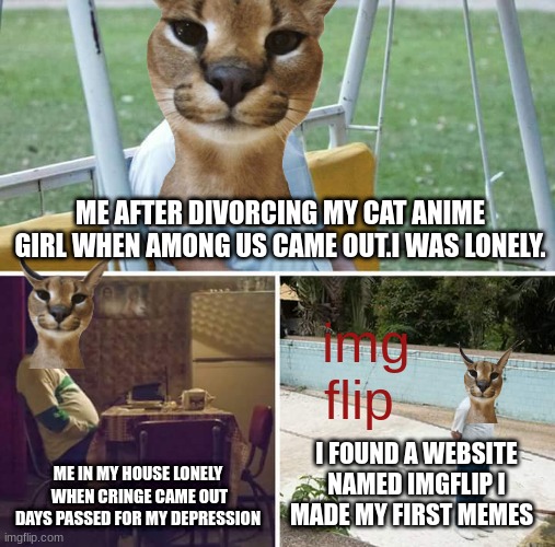 my story after I had to get rid of my anime dating app | ME AFTER DIVORCING MY CAT ANIME GIRL WHEN AMONG US CAME OUT.I WAS LONELY. img flip; ME IN MY HOUSE LONELY  WHEN CRINGE CAME OUT DAYS PASSED FOR MY DEPRESSION; I FOUND A WEBSITE NAMED IMGFLIP I MADE MY FIRST MEMES | image tagged in depression,cats | made w/ Imgflip meme maker