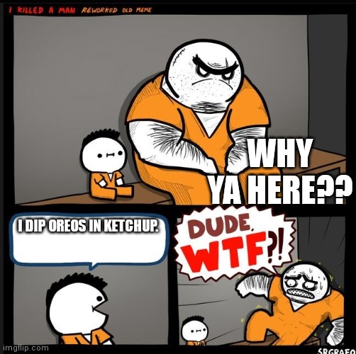 This is pure evil | WHY YA HERE?? I DIP OREOS IN KETCHUP. | image tagged in srgrafo dude wtf | made w/ Imgflip meme maker