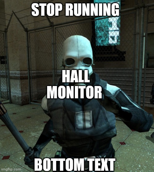Hall Monitors | STOP RUNNING; HALL MONITOR; BOTTOM TEXT | image tagged in half life | made w/ Imgflip meme maker