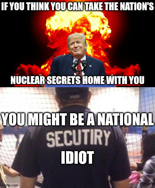 How would a businessman like him profit from those? | IF YOU THINK YOU CAN TAKE THE NATION'S; NUCLEAR SECRETS HOME WITH YOU; YOU MIGHT BE A NATIONAL; IDIOT | image tagged in iran nuclear ww3,security idiot | made w/ Imgflip meme maker