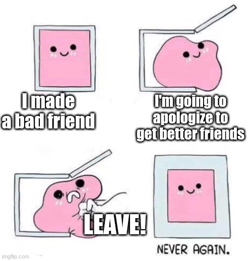 _/(-___-)\_ | I made a bad friend; I'm going to apologize to get better friends; LEAVE! | image tagged in never again | made w/ Imgflip meme maker
