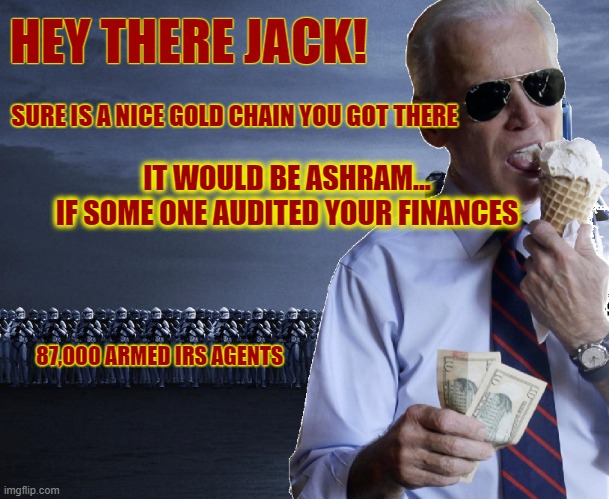 IRS army | HEY THERE JACK! SURE IS A NICE GOLD CHAIN YOU GOT THERE; IT WOULD BE ASHRAM...
 IF SOME ONE AUDITED YOUR FINANCES; 87,000 ARMED IRS AGENTS | image tagged in irs army | made w/ Imgflip meme maker
