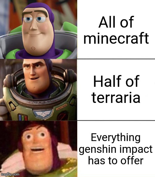 Quality | All of minecraft; Half of terraria; Everything genshin impact has to offer | image tagged in better best blurst lightyear edition | made w/ Imgflip meme maker