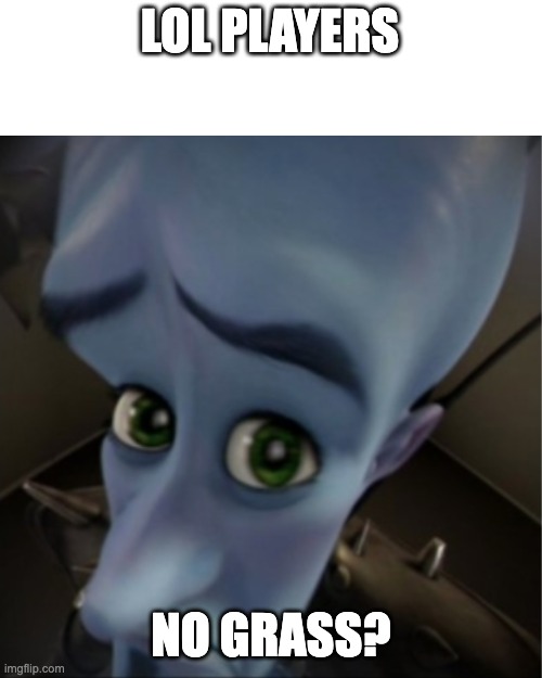 Megamind peeking | LOL PLAYERS; NO GRASS? | image tagged in megamind peeking | made w/ Imgflip meme maker