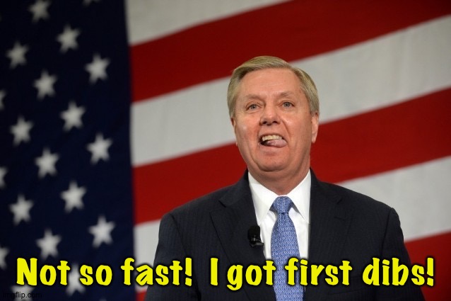 Lindsey Graham tongue | Not so fast!  I got first dibs! | image tagged in lindsey graham tongue | made w/ Imgflip meme maker