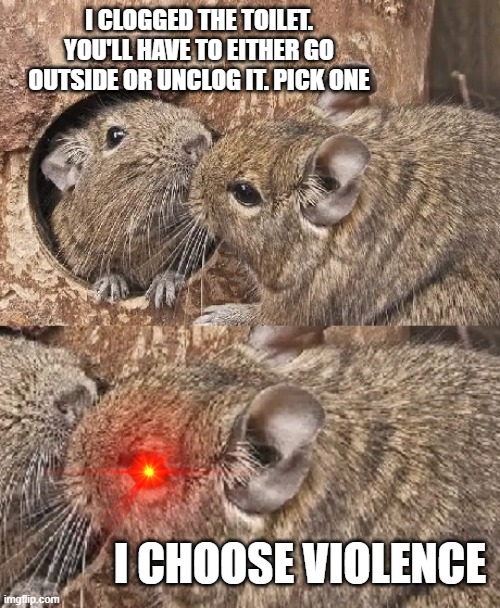 I CLOGGED THE TOILET. YOU'LL HAVE TO EITHER GO OUTSIDE OR UNCLOG IT. PICK ONE; I CHOOSE VIOLENCE | image tagged in violence | made w/ Imgflip meme maker
