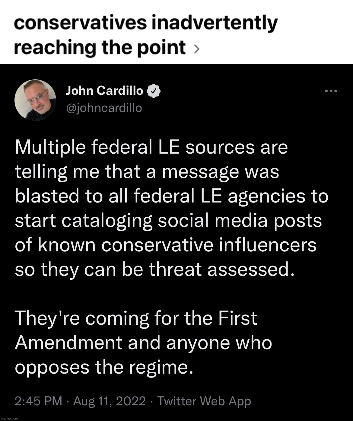 Why, yes — anything you post publicly on social media could be seen by… well, anyone! | image tagged in conservatives inadvertently reaching the point,social media,conservative logic,fbi,maga | made w/ Imgflip meme maker